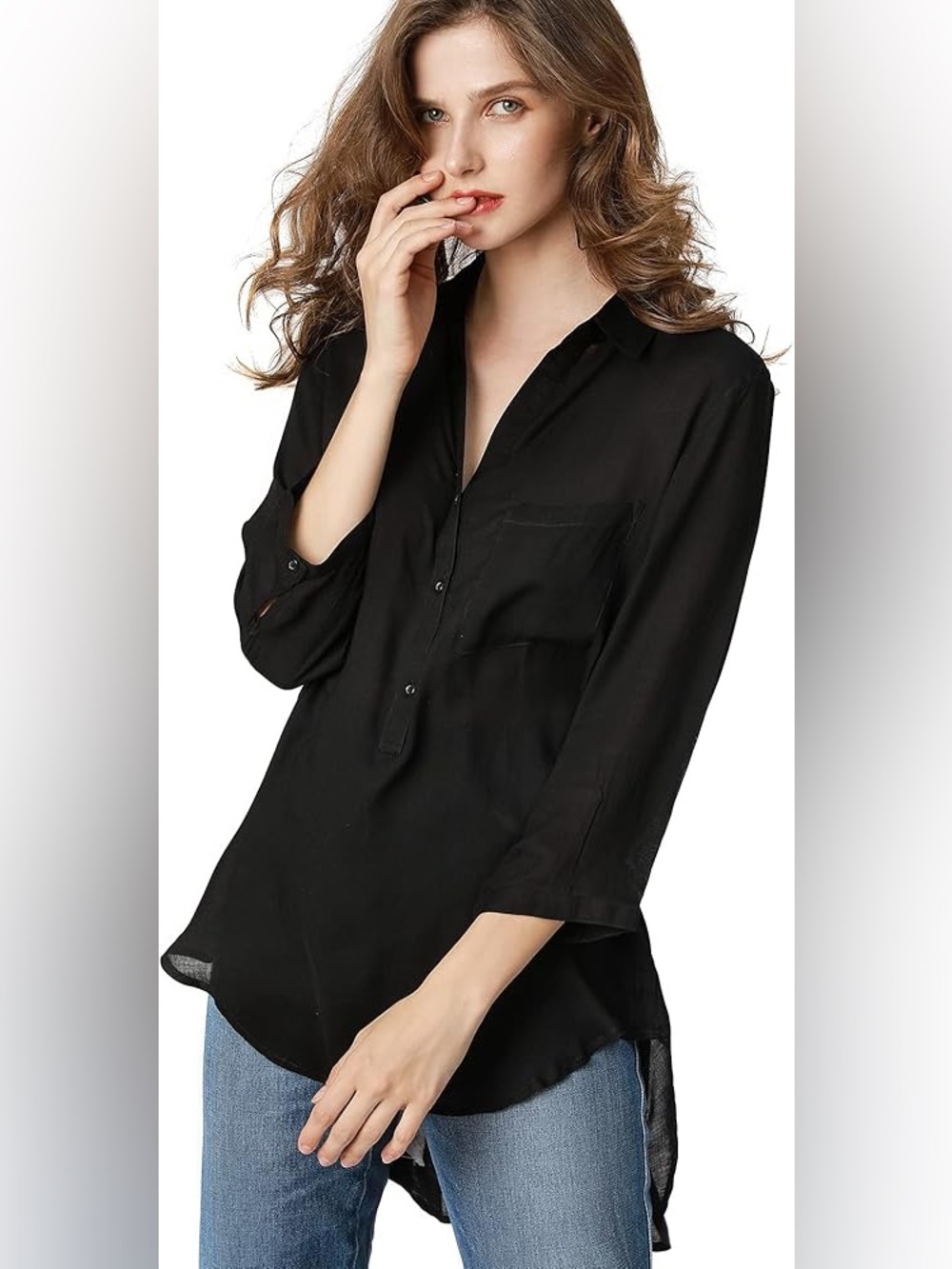 CLOTH & STONE | Anthropology Black Relaxed V-Neck Button Tunic with Chest Pocket